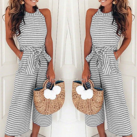 2018 Women Summer O-neck Bowknot Pants Playsuit Sashes Pockets Sleeveless Rompers Overalls Sexy Office Lady Striped Jumpsuits