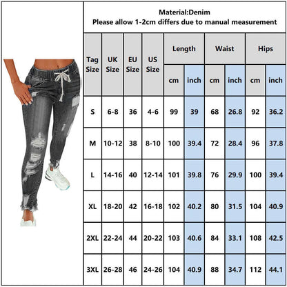Women Drawstring Denim Long Pants Ripped Broken HolesSlim Fit Jeans Feminino Skinny Pockets Casual Full Length Pencil 210809