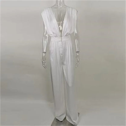 Wide Leg Rompers And Jumpsuiits  Spring Autumn Women Sleeveless Deep V Neck Open Back White Elegant Overalls Women's Jumpsuits