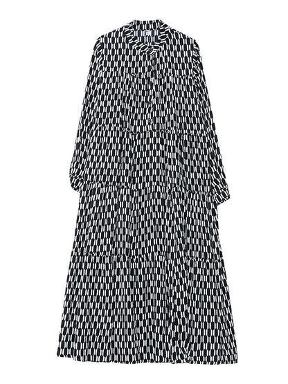 xakxx Casual Long Sleeves Loose Buttoned Contrast Color Printed Split-Joint Stand Collar Midi Dresses