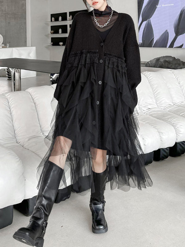 xakxx Long Sleeves Loose Buttoned Pleated Solid Color Split-Joint Tulle Velvet V-Neck Cardigan Tops