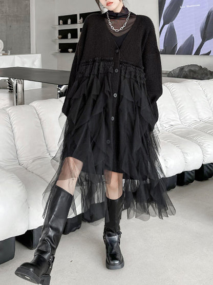xakxx Long Sleeves Loose Buttoned Pleated Solid Color Split-Joint Tulle Velvet V-Neck Cardigan Tops