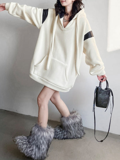 xakxx Long Sleeves Loose Contrast Color Drawstring Pockets Velvet Hoodies Tops