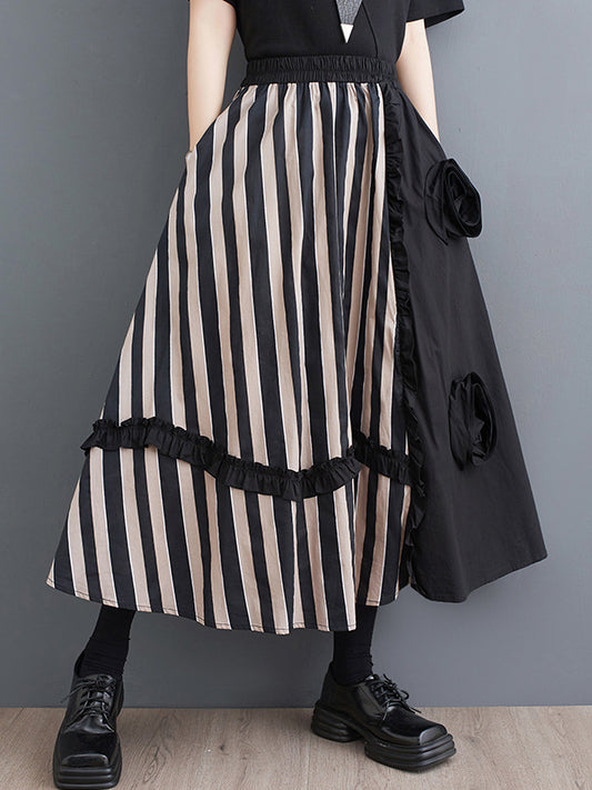 xakxx Elastics High Waisted Loose Flower-Embellished Split-Joint Skirts Bottoms