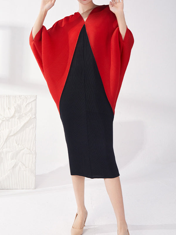 xakxx Batwing Sleeves Loose Contrast Color Pleated Round-Neck Midi Dresses