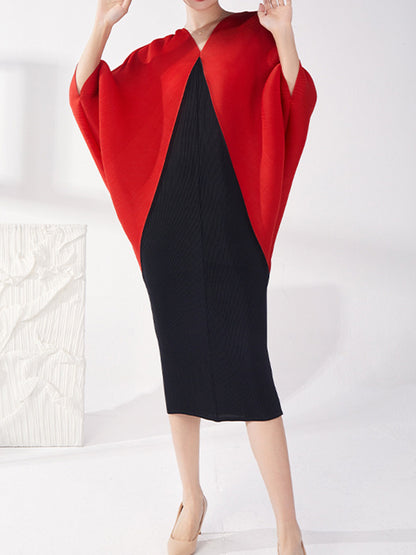 xakxx Batwing Sleeves Loose Contrast Color Pleated Round-Neck Midi Dresses