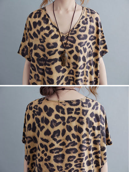 xakxx Loose Leopard V-Neck Batwing Sleeves Maxi Dress