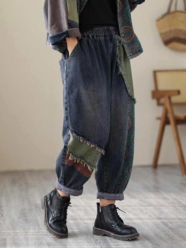 xakxx Contrast Color Fringed Split-Joint Long Sleeves Printed Outwear + Harem Pants  Two Pieces Set