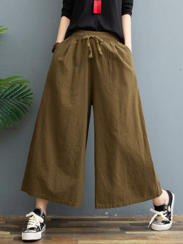 xakxx Simple Wide Leg Loose Drawstring Solid Color Casual Pants Bottoms