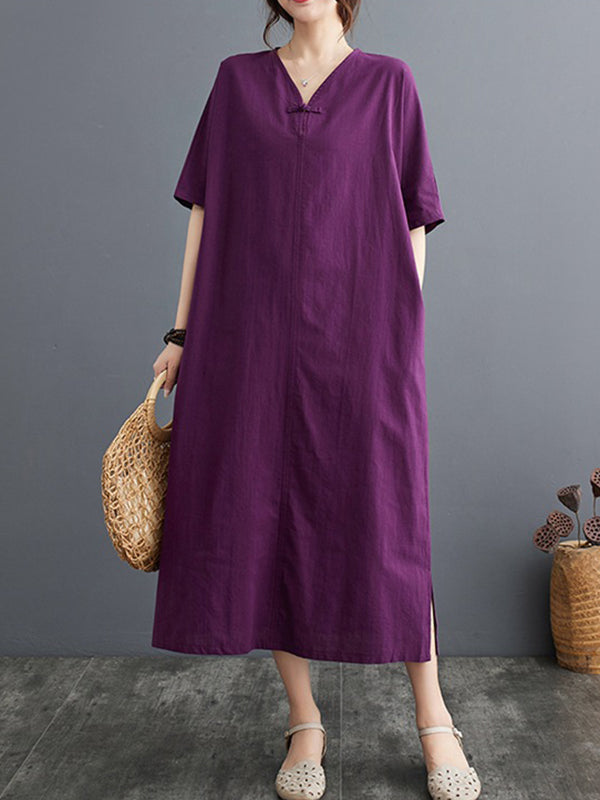 xakxx A-Line Loose Chinese Frog Buttons Pockets Solid Color Split-Side V-Neck Midi Dresses