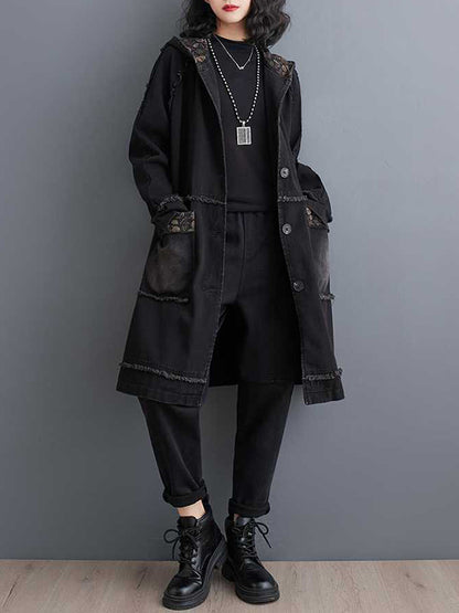 xakxx Loose Raglan Sleeve Floral Printed Fringed Split-Joint Hooded Outerwear Trench Coats