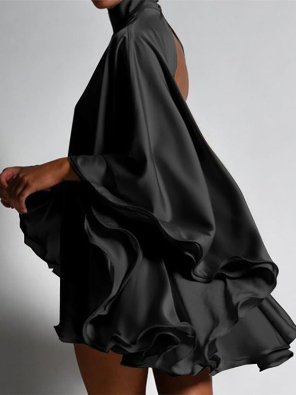 xakxx Solid Color High-Neck Backless Flared Sleeves Mini Dress