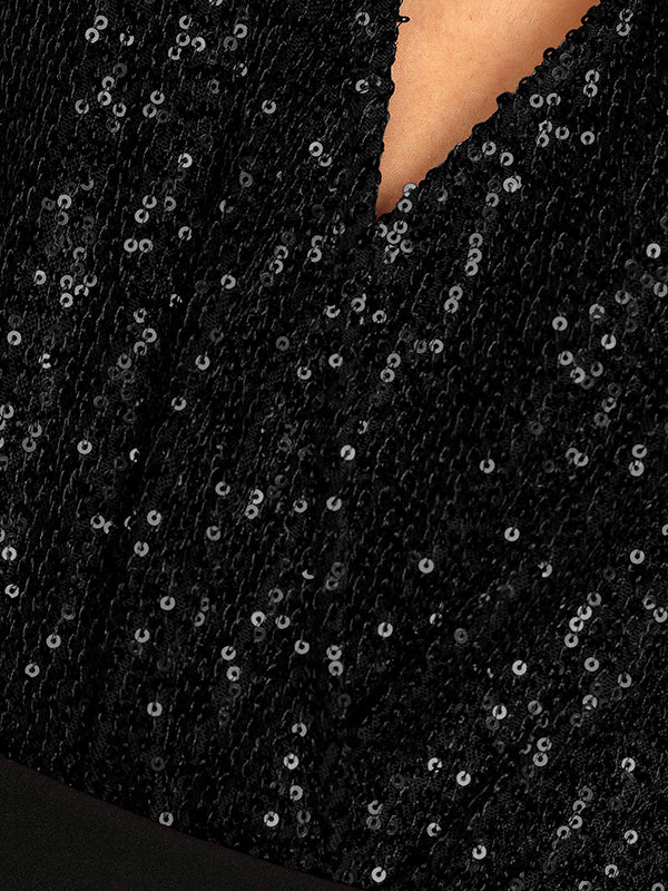 xakxx Skinny Sleeveless High-Waisted See-Through Sequined Split-Joint V-Neck Bodysuits