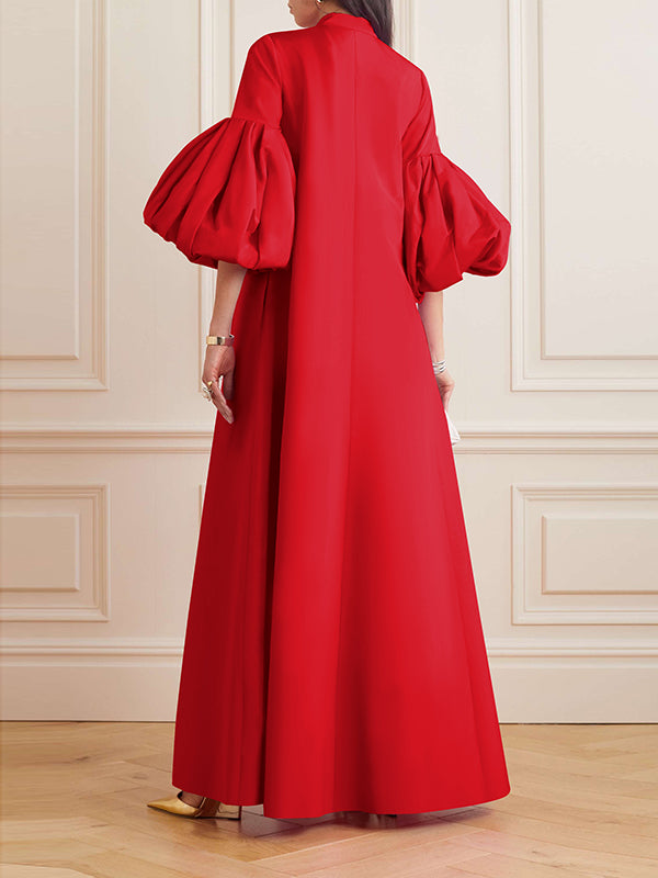 xakxx Loose Flower Shape Solid Color Stand Collar Lantern Sleeves Maxi Dresses