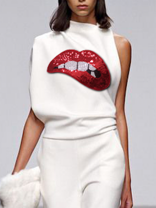 xakxx Loose Short Sleeves Applique Asymmetric Stand Collar Blouses&Shirts Tops