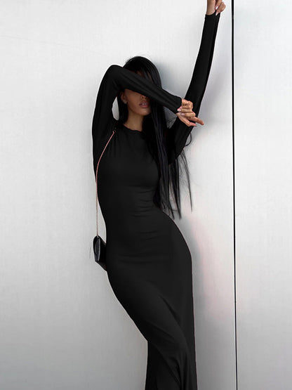 xakxx Bodycon Long Sleeves Solid Color Split-Side Round-Neck Maxi Dresses