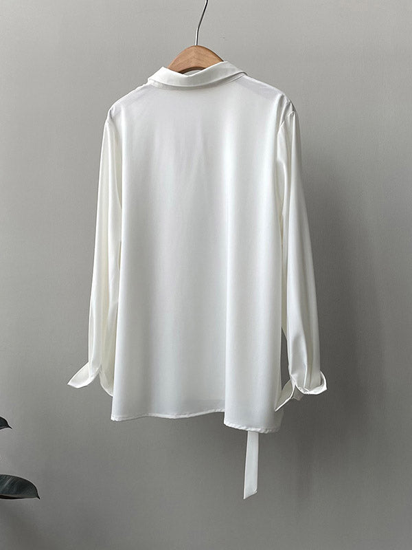 xakxx Office Loose Long Sleeves Lace-Up Solid Color Lapel Blouses