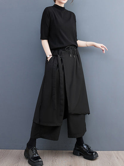xakxx Wide Leg Loose Drawstring Solid Color Casual Pants Bottoms Culotte