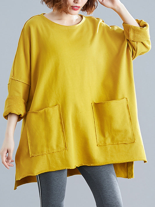 xakxx High-Low Long Sleeves Pockets Solid Color Split-Joint Split-Side Round-Neck Sweatshirt Tops