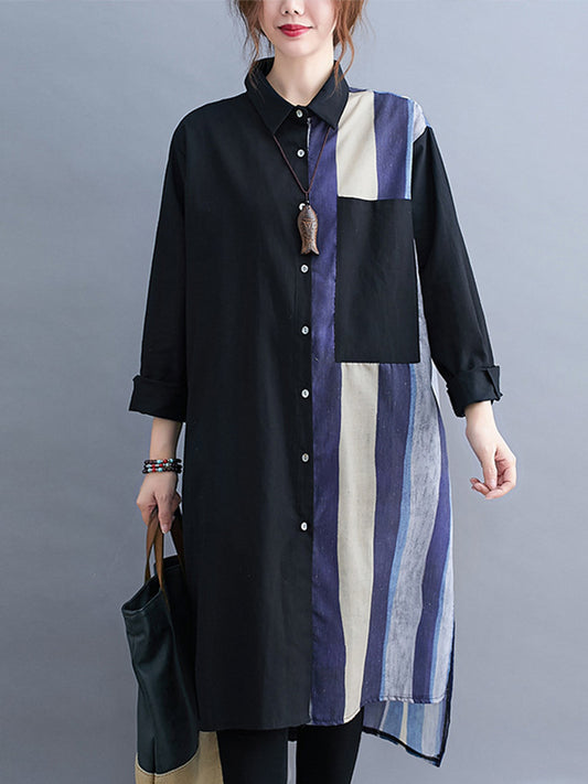xakxx Original Buttoned Contrast Color Split-Joint  Long Sleeves Lapel Blouse