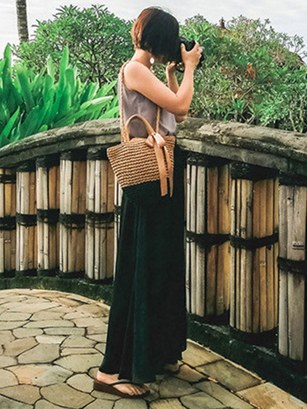 xakxx Simple Solid Color Elasticity High Waisted Wide Leg Pants