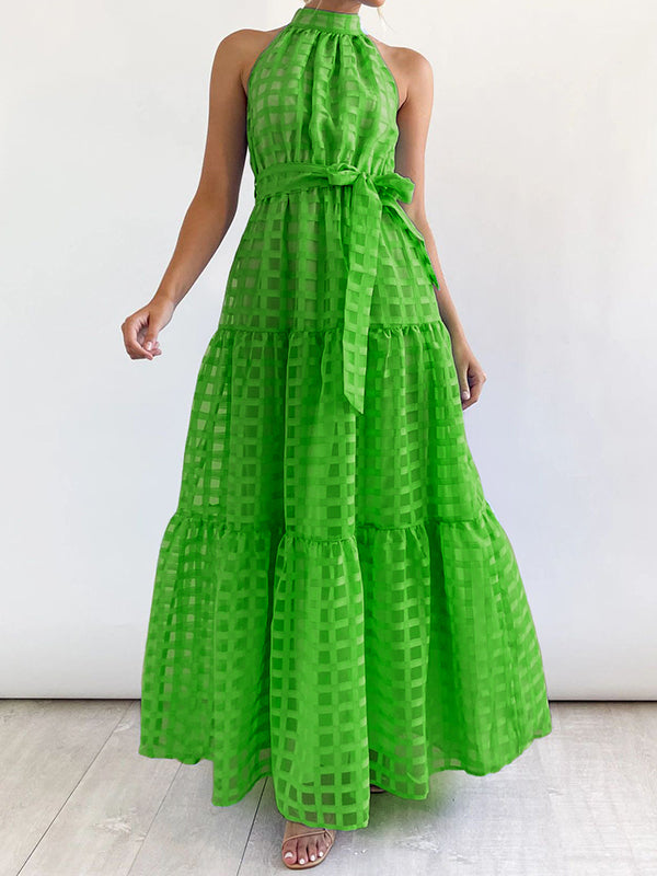 xakxx Loose Sleeveless Plaid Ribbed Stand Collar Maxi Dresses