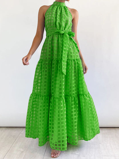 xakxx Loose Sleeveless Plaid Ribbed Stand Collar Maxi Dresses
