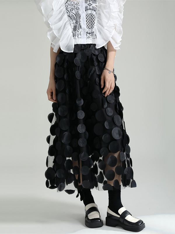 xakxx A-Line High Waisted Mesh Polka-Dot Solid Color Split-Joint Skirts Bottoms