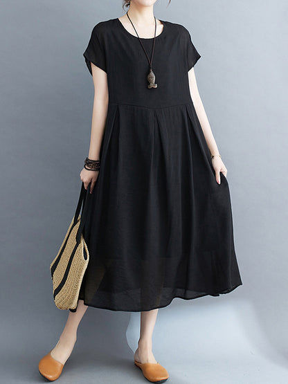 xakxx Loose Short Sleeves Solid Color Split-Joint Round-Neck Midi Dresses