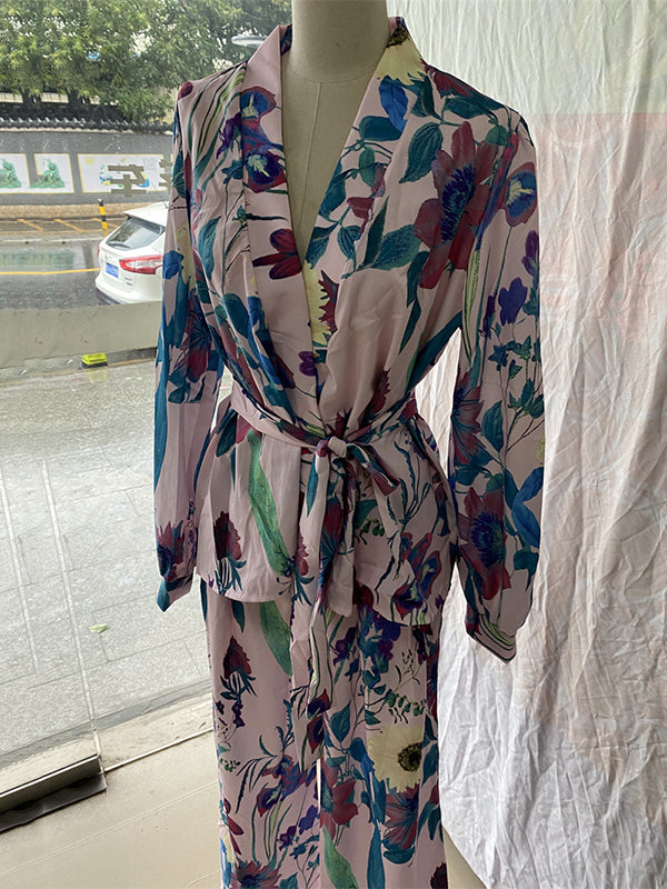 xakxx High Waisted Long Sleeves Flower Print Tied Waist V-Neck Shirts Top + Pants Bottom Two Pieces Set
