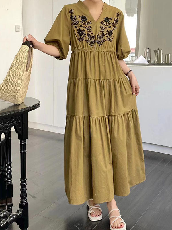 xakxx Bishop Sleeve Loose Embroidered Pleated V-Neck Midi Dresses