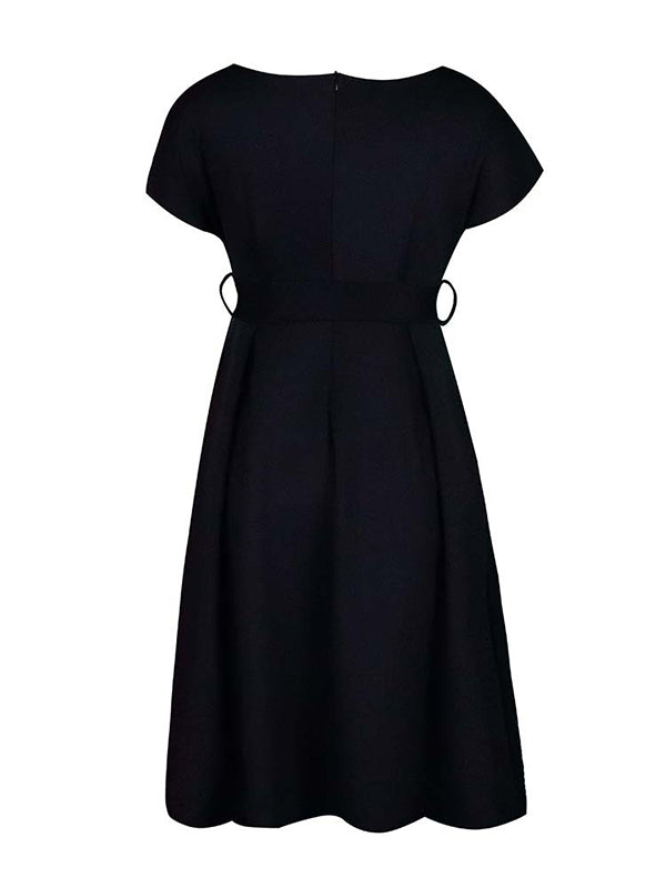 xakxx Bowknot Lace-Up Solid Color V-Neck Midi Dresses