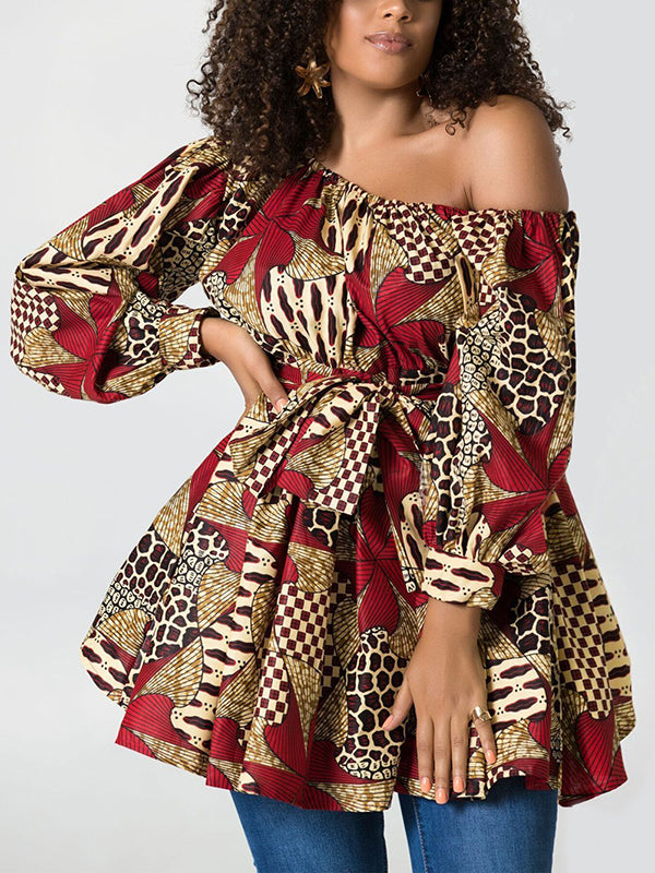 xakxx High Waisted Loose Elasticity Flower Print Tied Waist One-Shoulder Mini Dresses