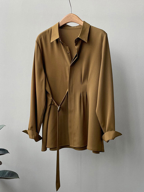 xakxx Office Loose Long Sleeves Lace-Up Solid Color Lapel Blouses