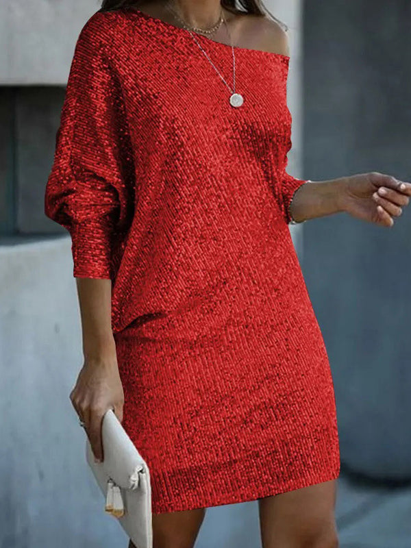 xakxx A-Line Loose Asymmetric Sequined Solid Color One-Shoulder Mini Dresses