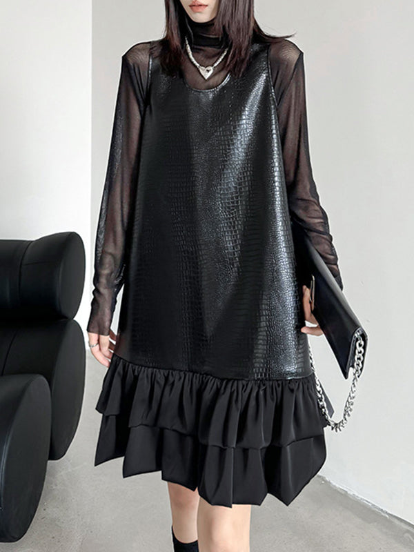 xakxx A-Line Loose Pleated Split-Joint U-Neck Mini Dresses