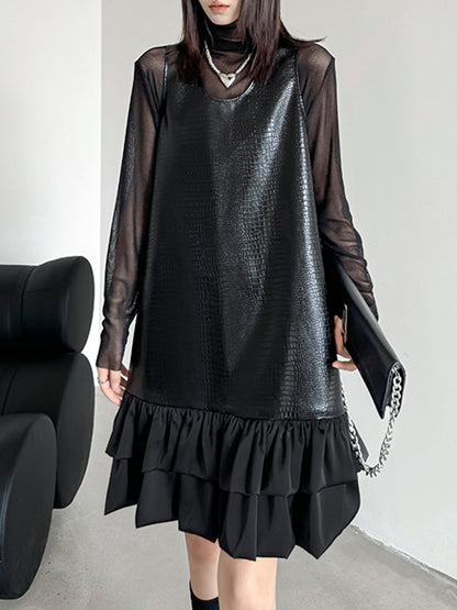 xakxx A-Line Loose Pleated Split-Joint U-Neck Mini Dresses