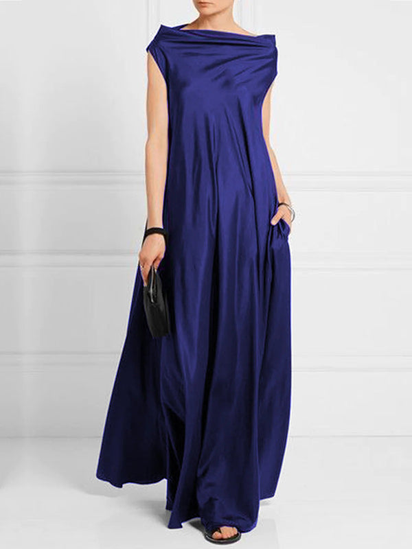 xakxx Loose Pleated Solid Color Boat Neck Maxi Dresses