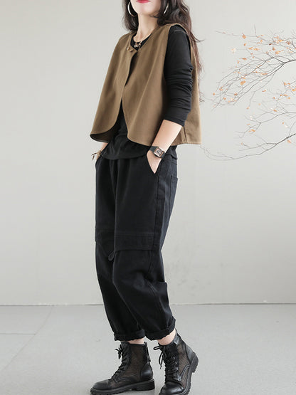 xakxx Artistic Retro Loose Sleeveless Solid Color Round-Neck Vest Outerwear