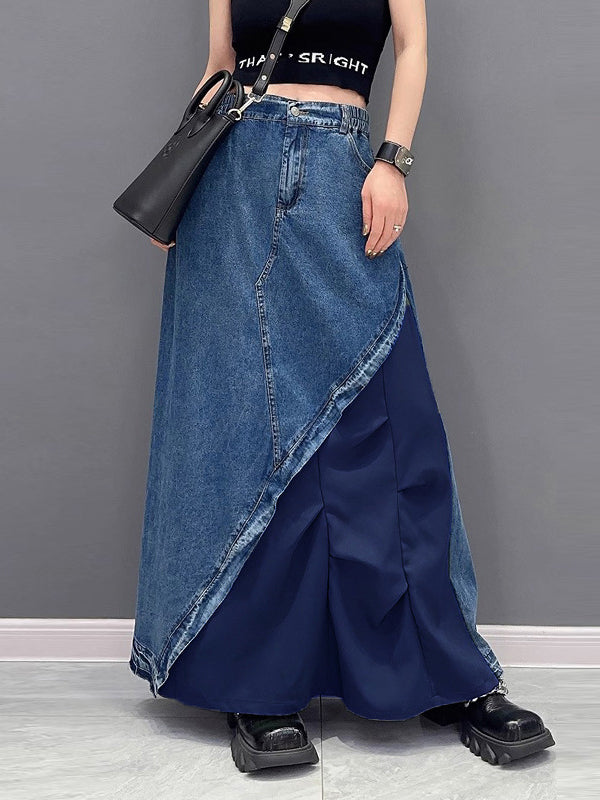 xakxx A-Line Loose Asymmetric Contrast Color Elasticity Split-Joint Denim Skirts Bottoms