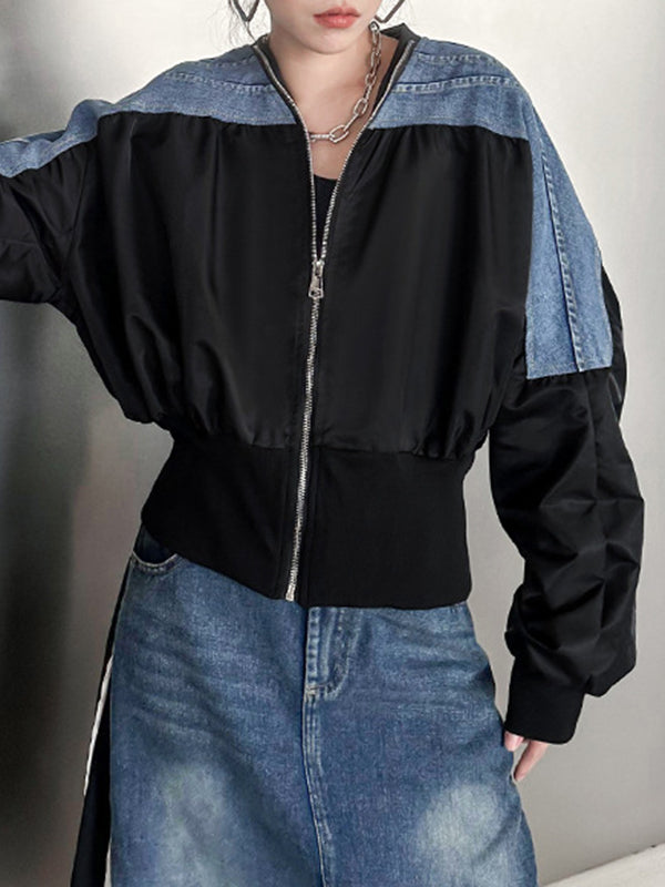xakxx Long Sleeves Loose Pleated Split-Joint Zipper V-neck Jackets Outerwear