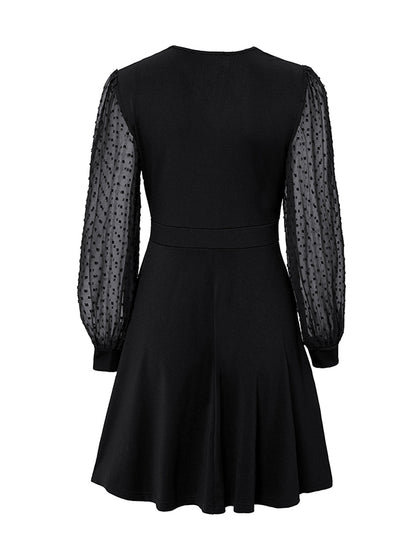 xakxx A-Line Long Sleeves Gauze Pleated Split-Joint V-Neck Midi Dresses