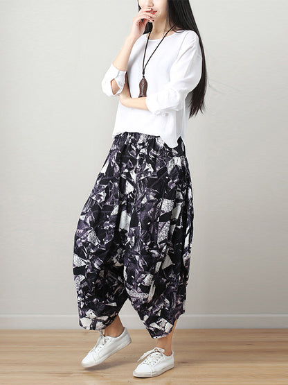 xakxx Artistic Retro Ramie Cotton Original Printed Elasticity Harem Pants