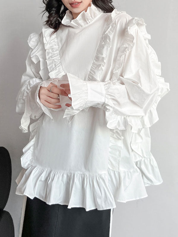 xakxx Long Sleeves Loose Buttoned Ruffled Solid Color Stand Collar Blouses&Shirts Tops