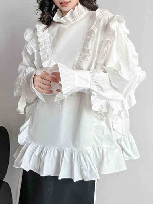 xakxx Long Sleeves Loose Buttoned Ruffled Solid Color Stand Collar Blouses&Shirts Tops