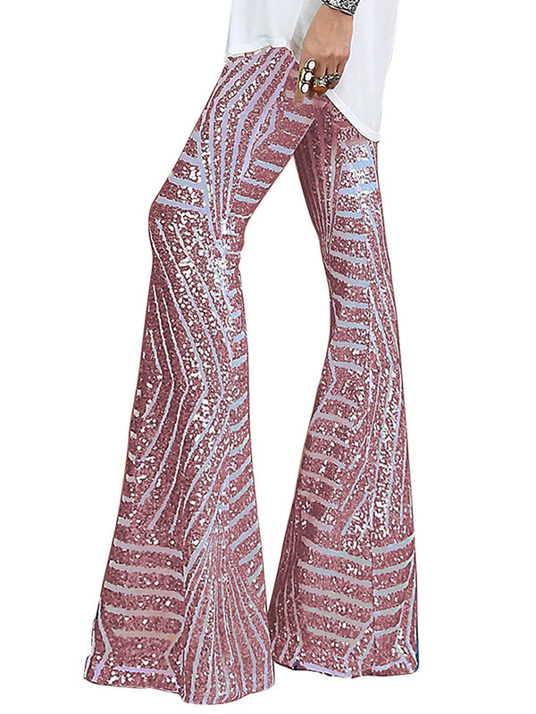 xakxx Flared Pants High Waisted Contrast Color Striped Sequined Pants