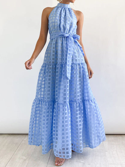 xakxx Loose Sleeveless Plaid Ribbed Stand Collar Maxi Dresses