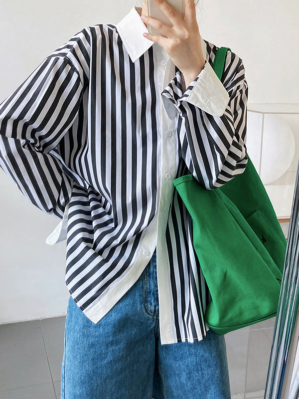 xakxx Simple Long Sleeves Contrast Color Striped Lapel Blouse Top