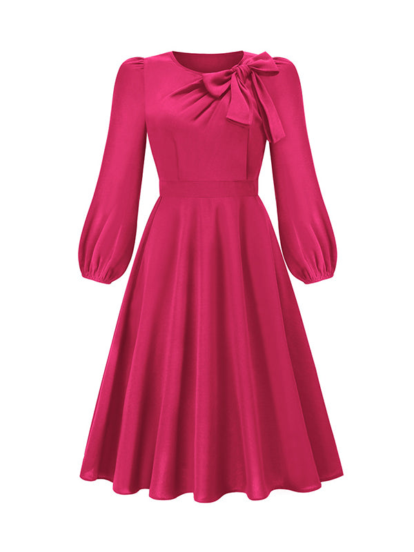 xakxx A-Line Long Sleeves Asymmetric Bowknot Elasticity Solid Color Round-Neck Midi Dresses