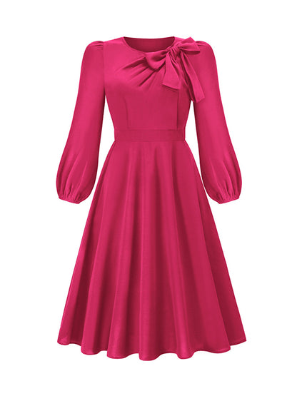 xakxx A-Line Long Sleeves Asymmetric Bowknot Elasticity Solid Color Round-Neck Midi Dresses